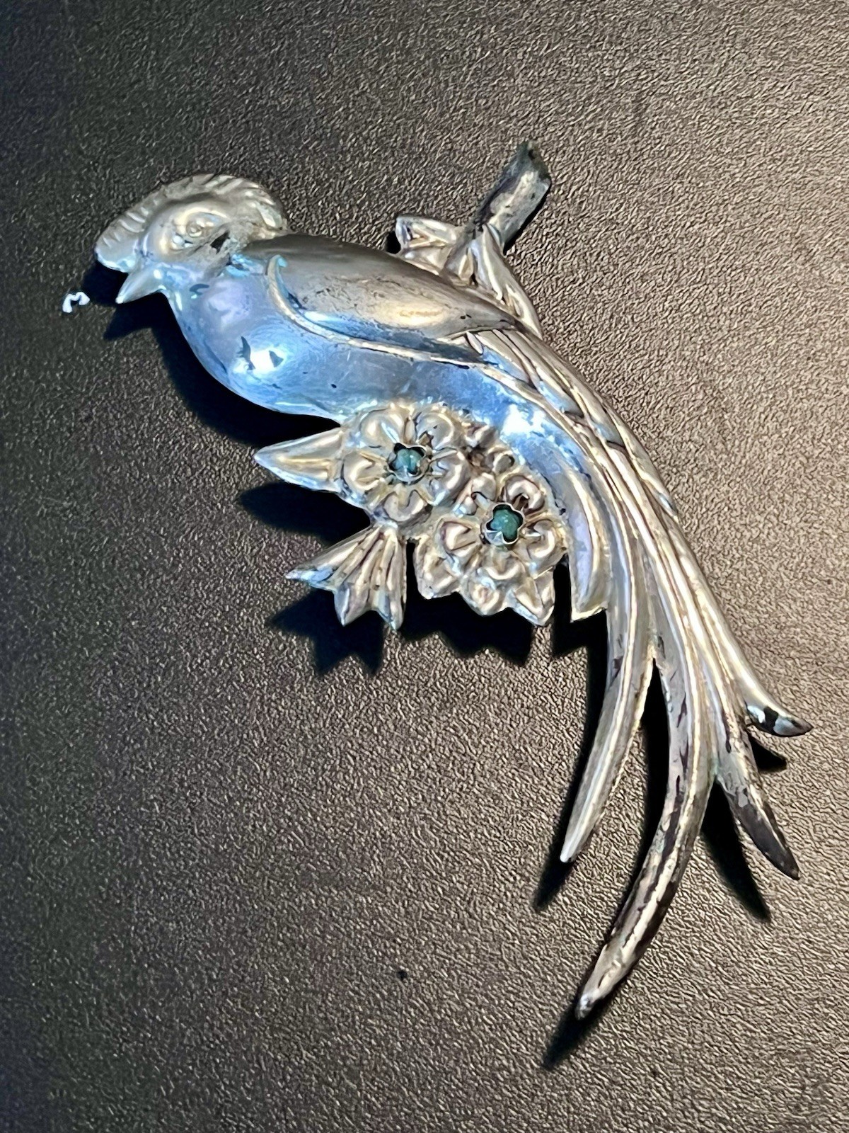 Vintage Sterling Silver Turquoise Beads Parrot Bird Brooch Mexico 4.5″!