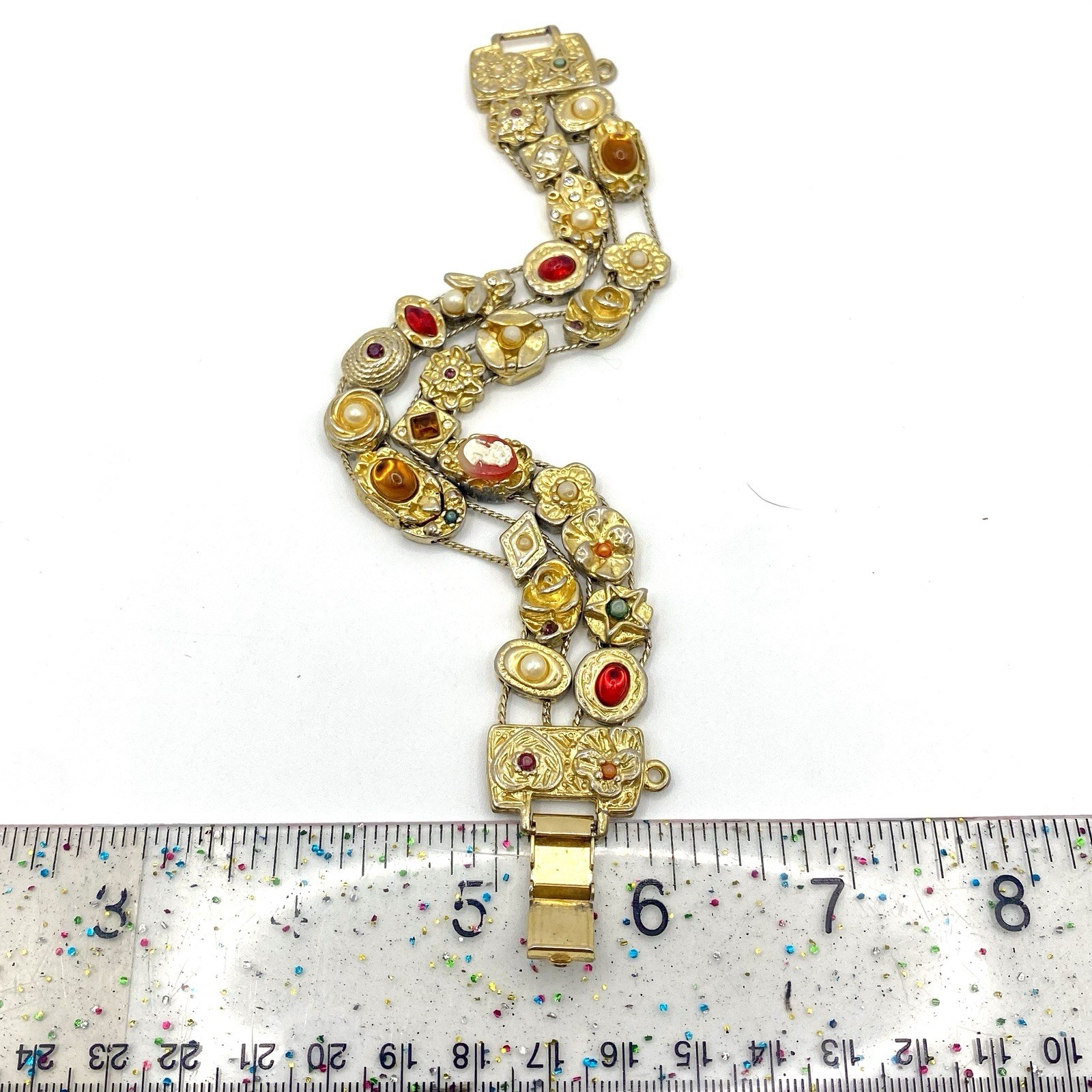 Vtg Estate Double Row Slide Charm Bracelet Goldette Victorian Revival Gold Tone