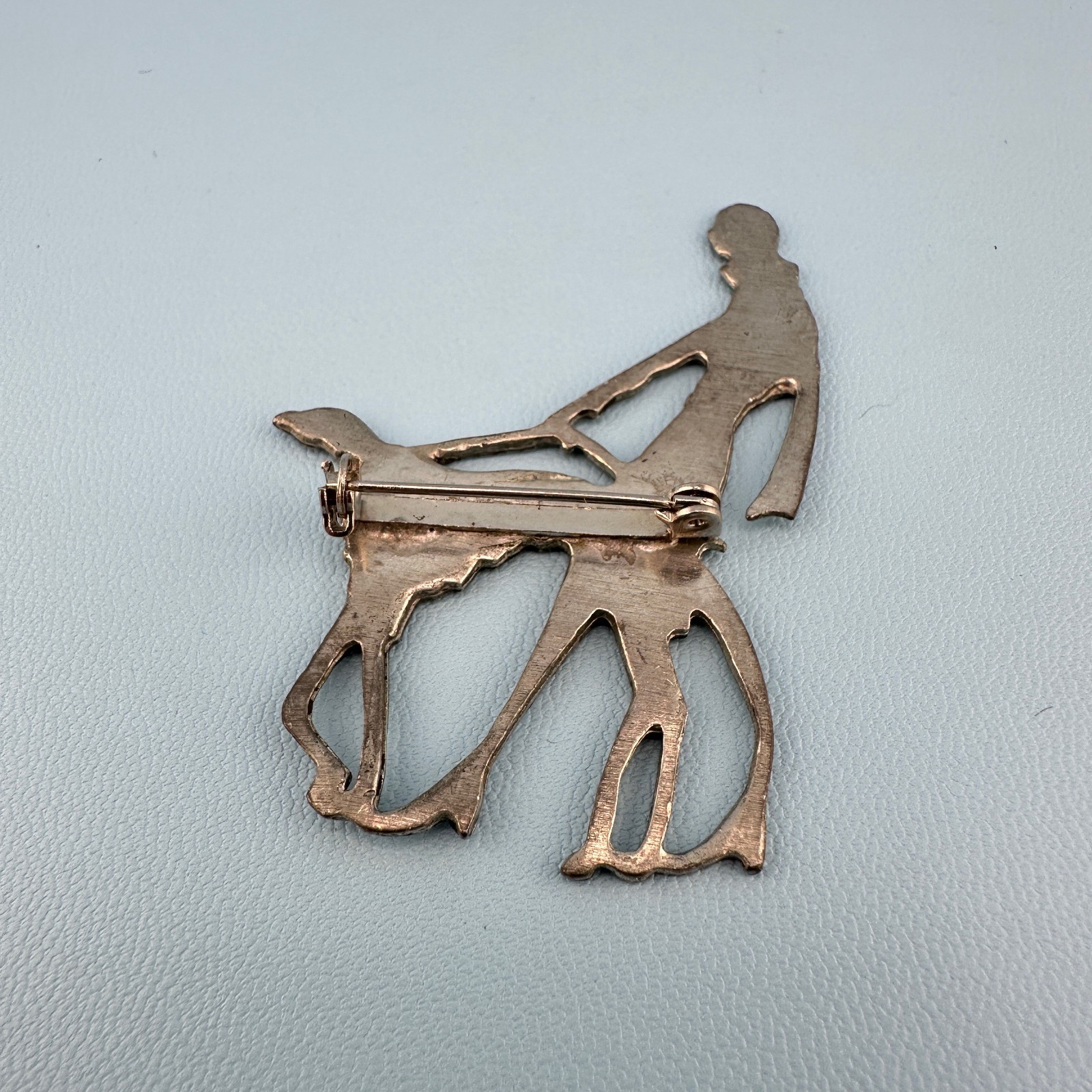 Vintage Brooch Vogue Magazine Art Deco Flapper Lady Walking Dog Silver Tone