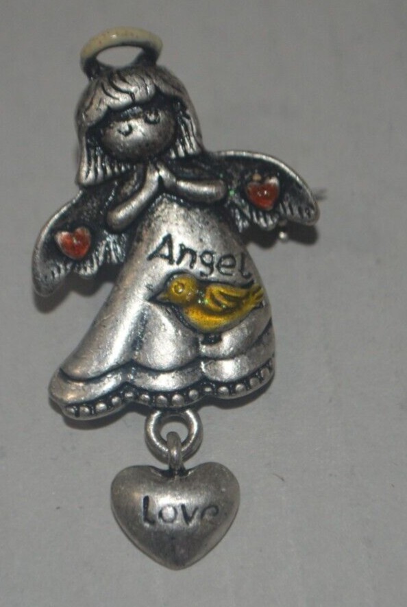 Vintage Angel Pin with Dangle Heart Safety Clasp Lapel Pin