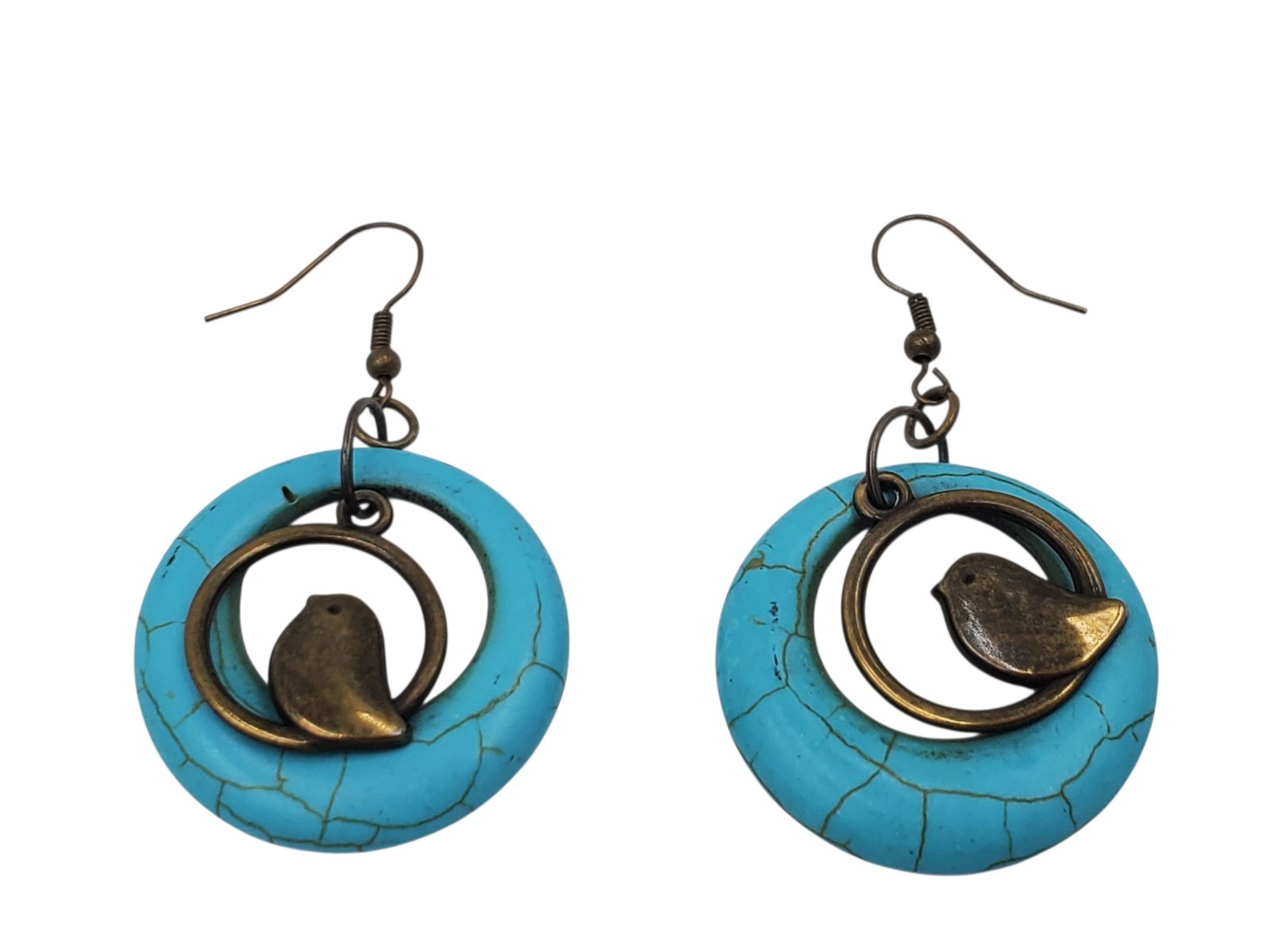 Vintage Brass and Blue Dyed Howlite Circles Dangle Bird Hook Pierced Earrings