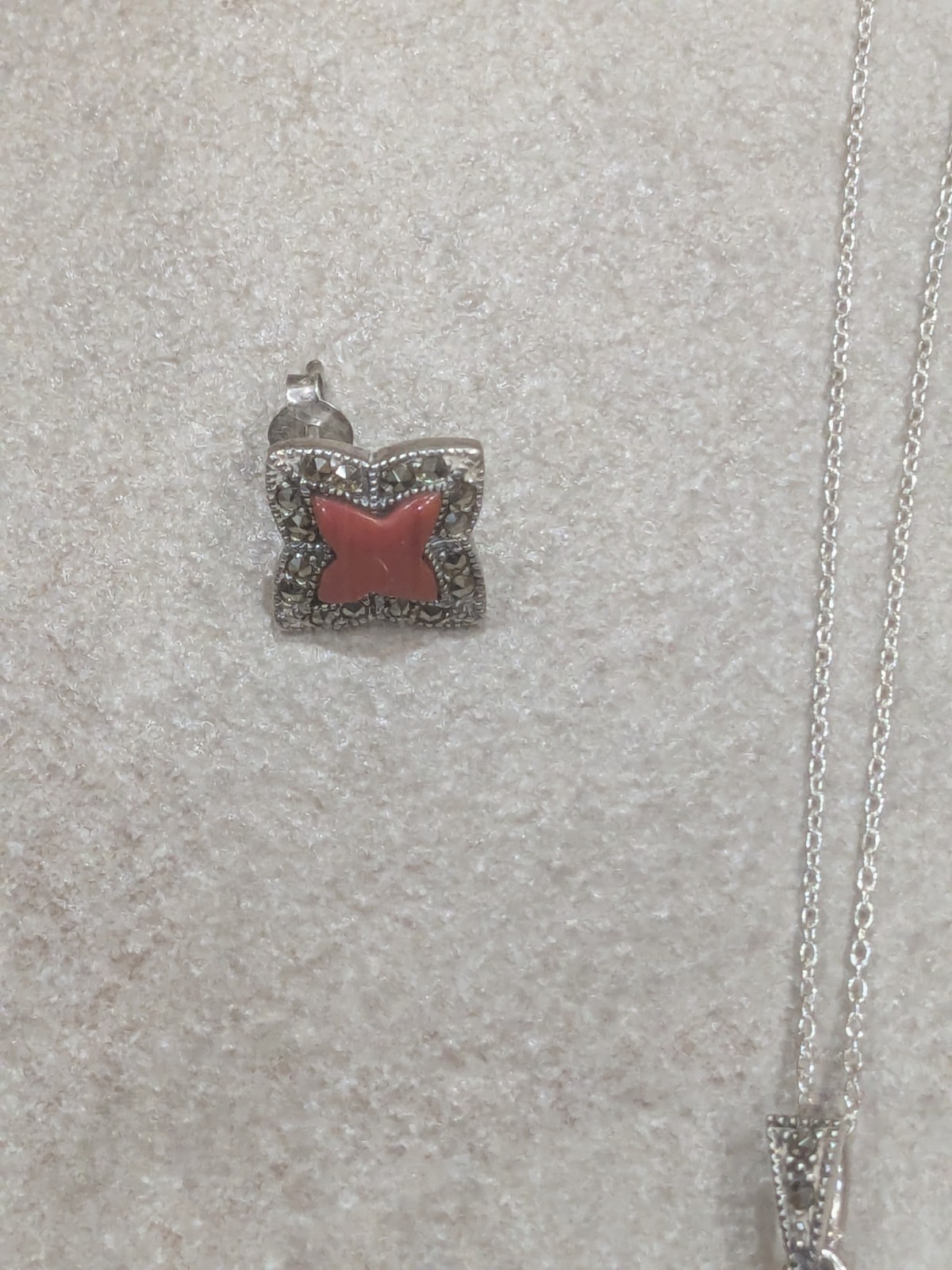 Vintage Sterling Silver 925 Red Coral Marcasite Necklace/Earrings Set 🔥🔥🔥