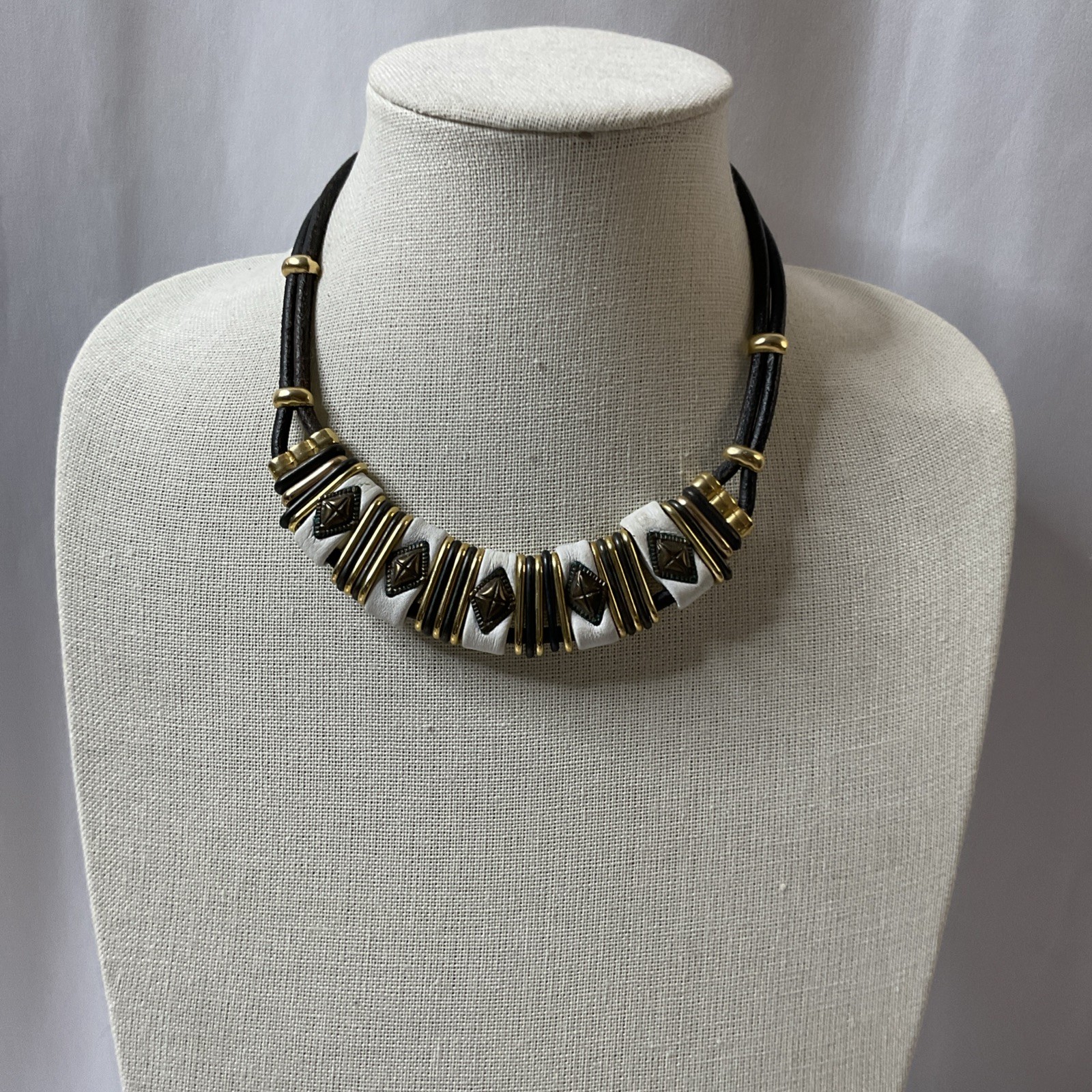 Artisan Vintage Choker Black Leather Cord Mixed Metals Design Necklace