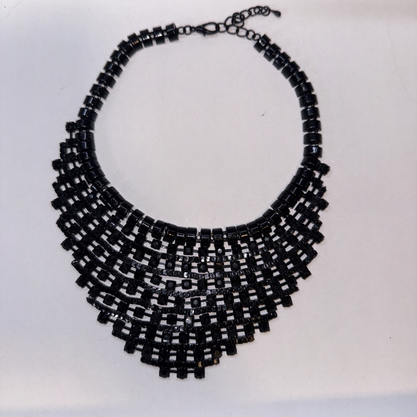 Vintage Choker Bib Necklace 16″ with 3″ extender – black woven beads