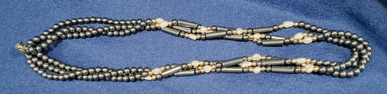 Obsidian Bead three strand necklace with Freshwater Pearls & goldtone Beads 18″