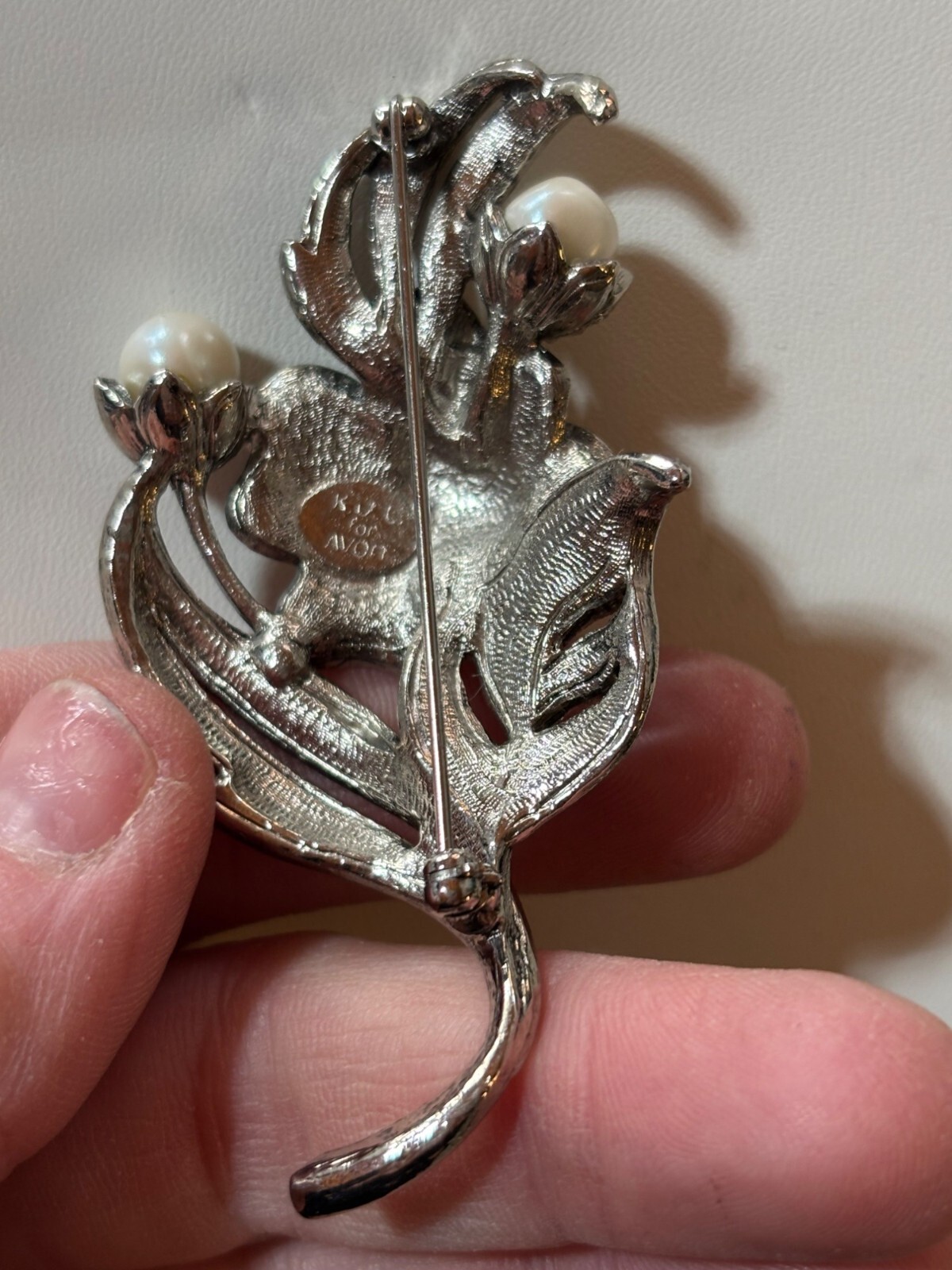 KJL by Avon signed Vintage Silver Tone Floral Brooch With Rhinestones & Faux Pea