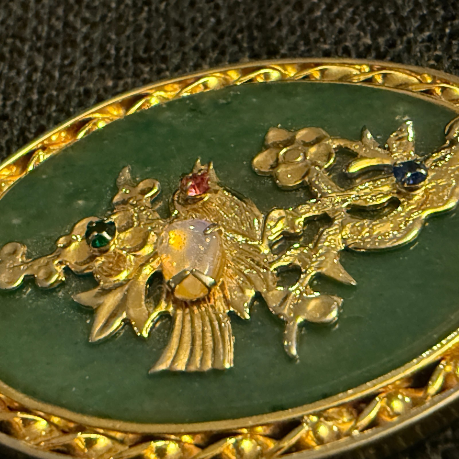 VTG Chinese Jade Pendant Opal Ruby Sapphire Emerald Bird Gold Tone Reversible Fu