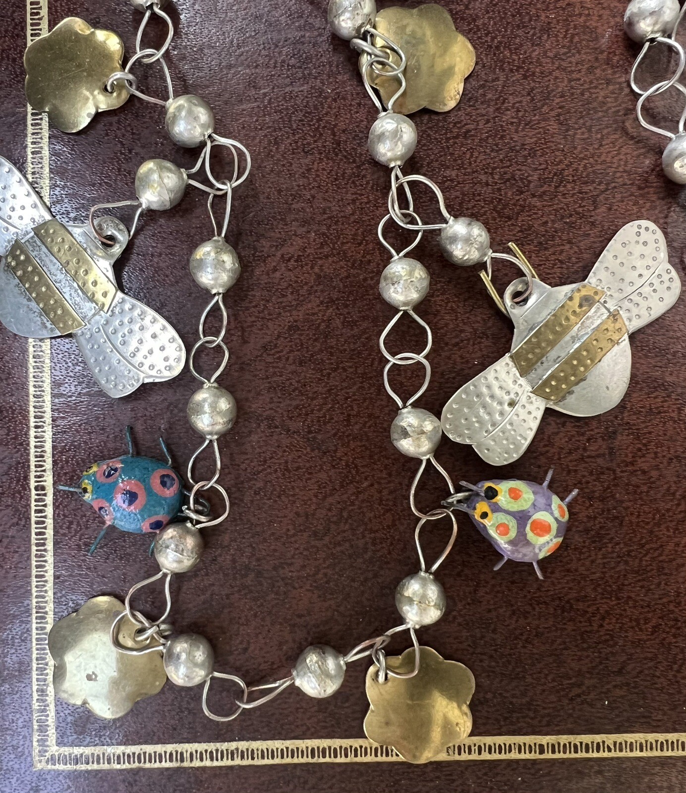 Vintage Mexican Wedding Necklace Ladybugs Bees Milagros Charms Silver Brass