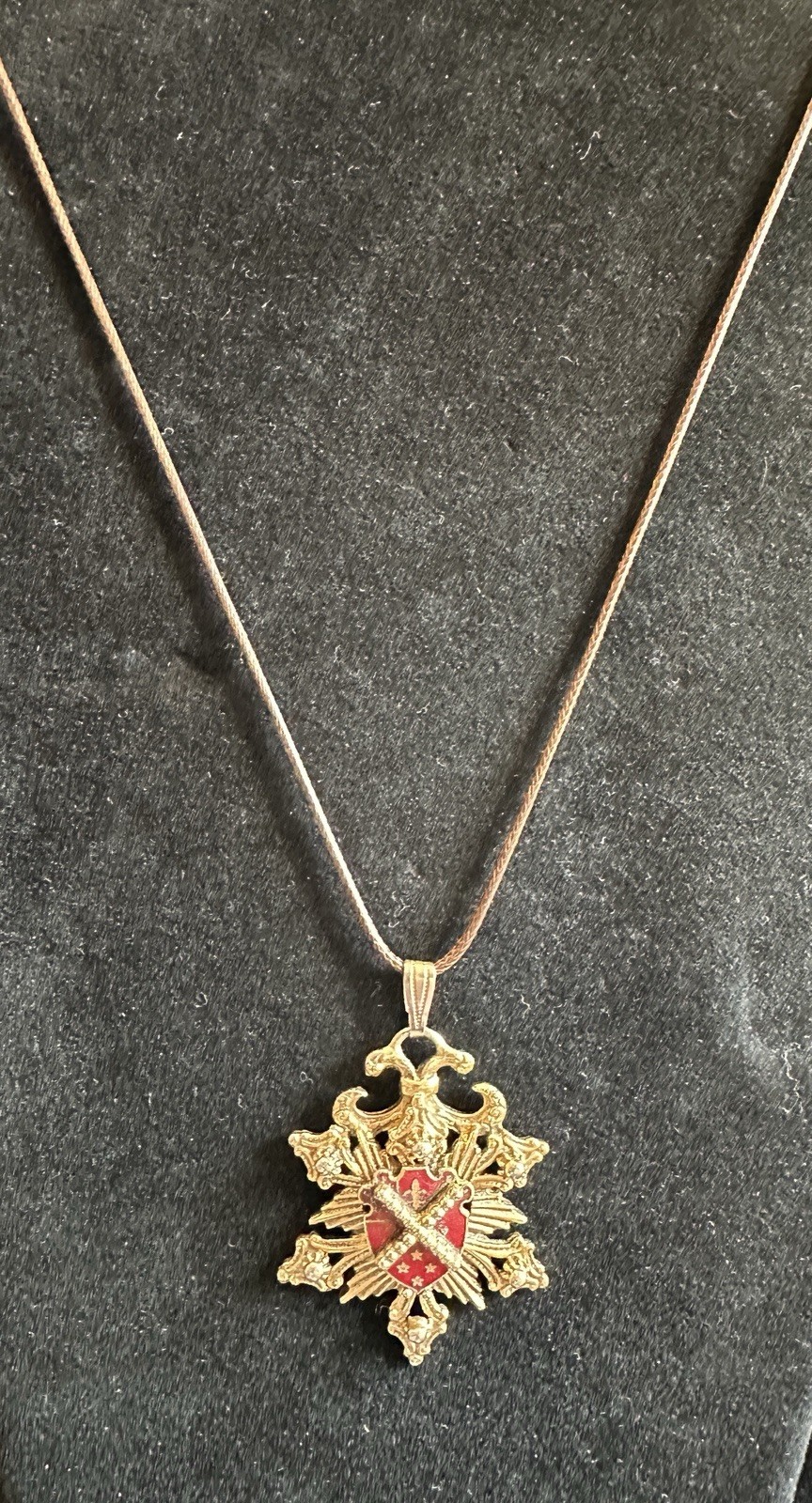 Vintage Coat Of Arms Pendant On A Brown Modern Cord Necklace Gold Tone With Red
