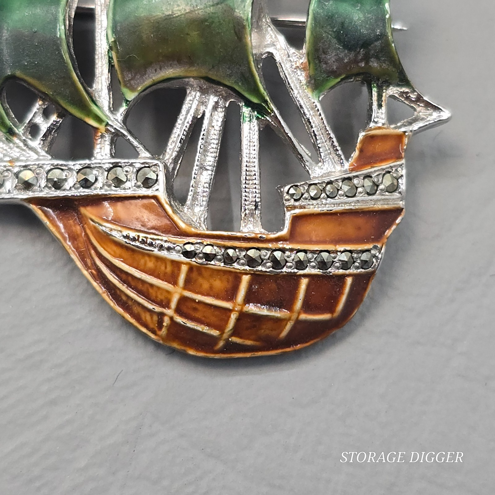 Vintage German Enamel Metal & Marcasite Galleon Ship Brooch Pin 1.75″ Long