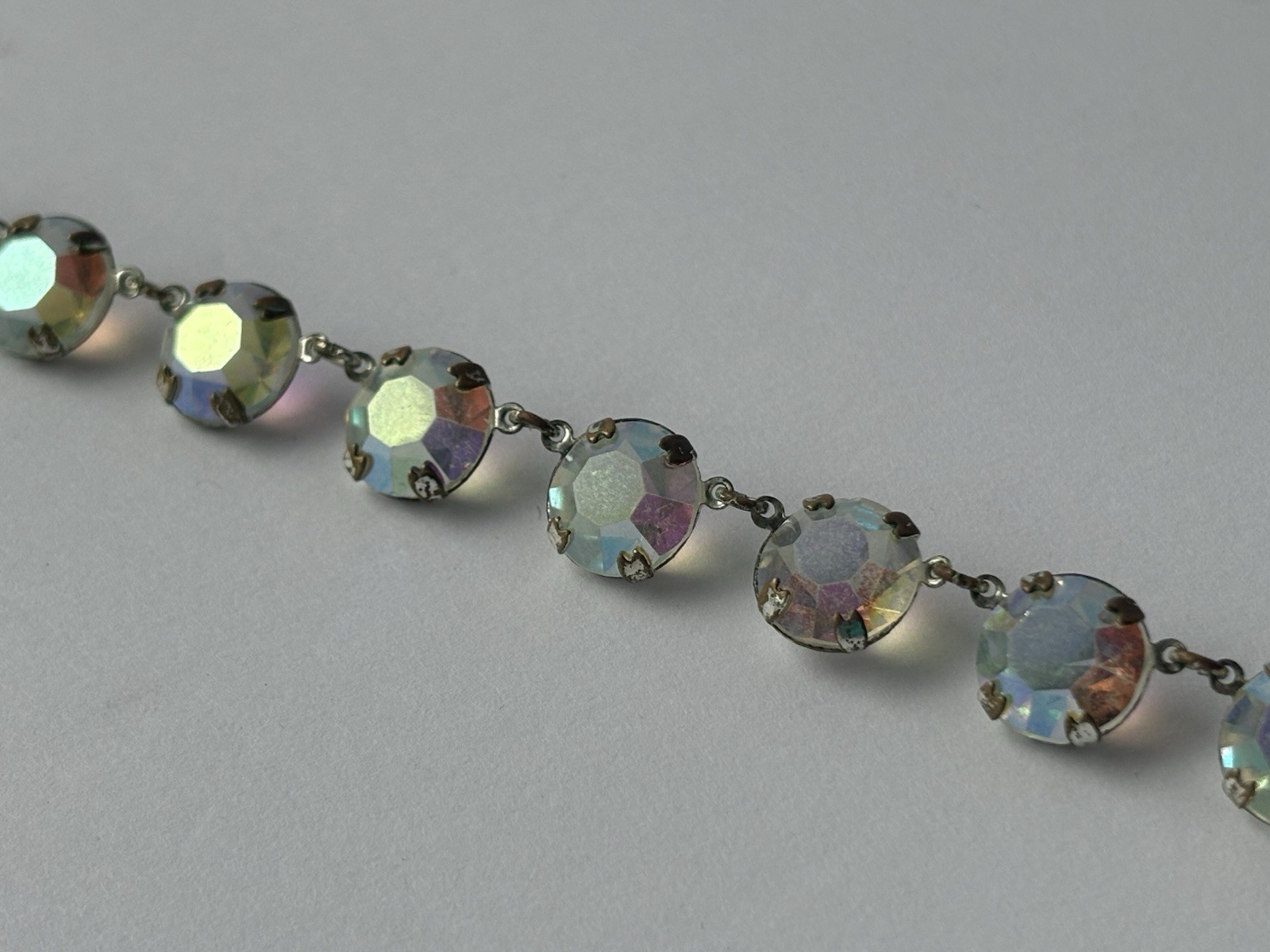 Antique Art Deco Clear Aurora Borealis Crystal Prong Set 15 1/2 inch Necklace