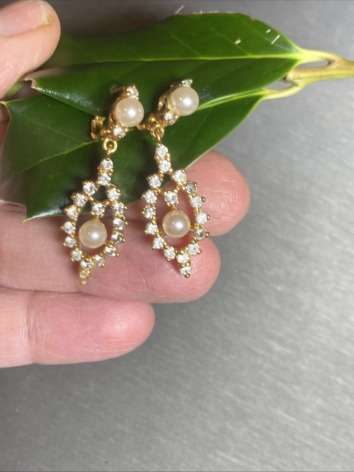 Vintage Pearl Earrings Estate Jewelry Pre-owned Gold Plated Crystal Lozenge Drop