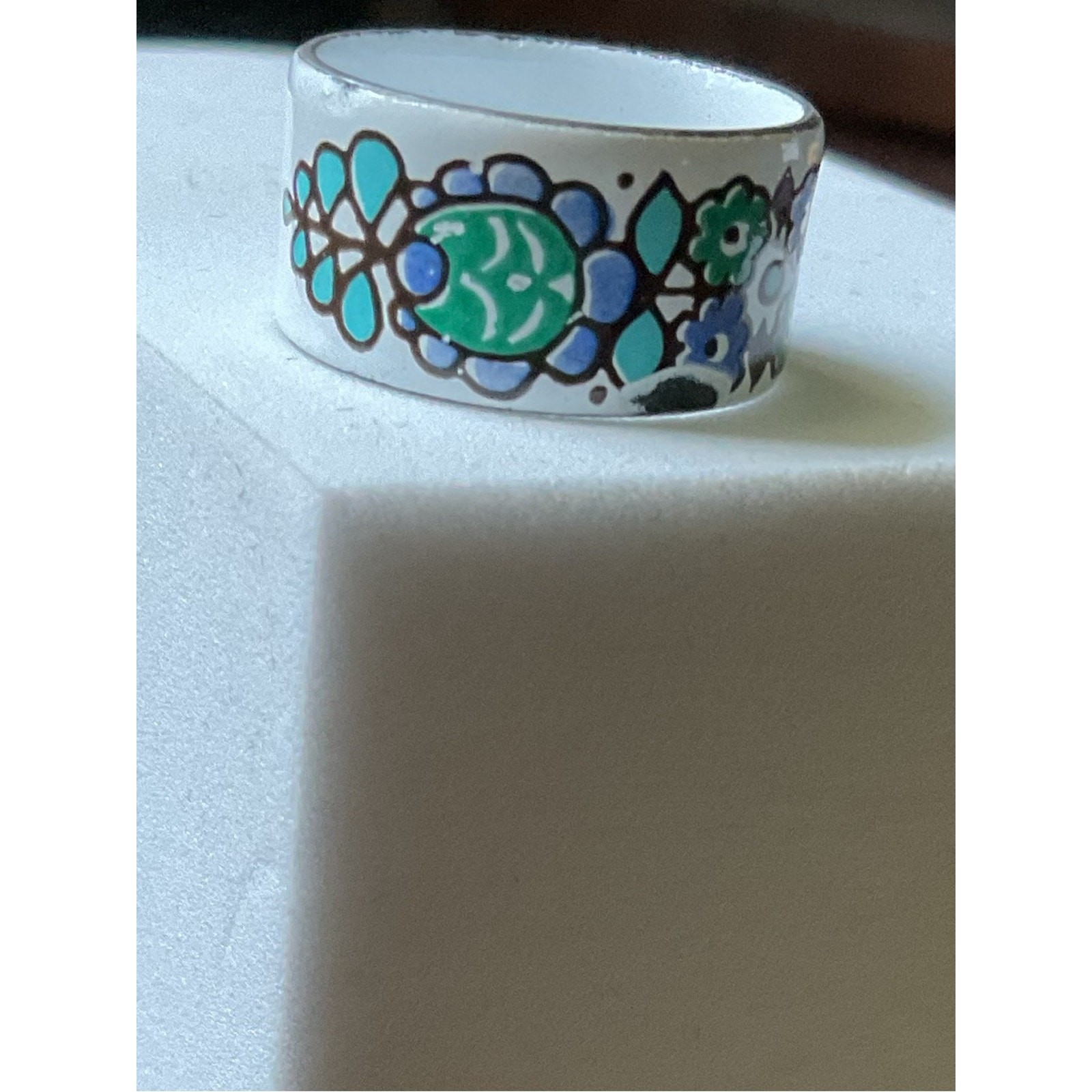 Vintage Mexican Ceramic Hand Painted Floral Ring Size 7 Blue Green White Flaw
