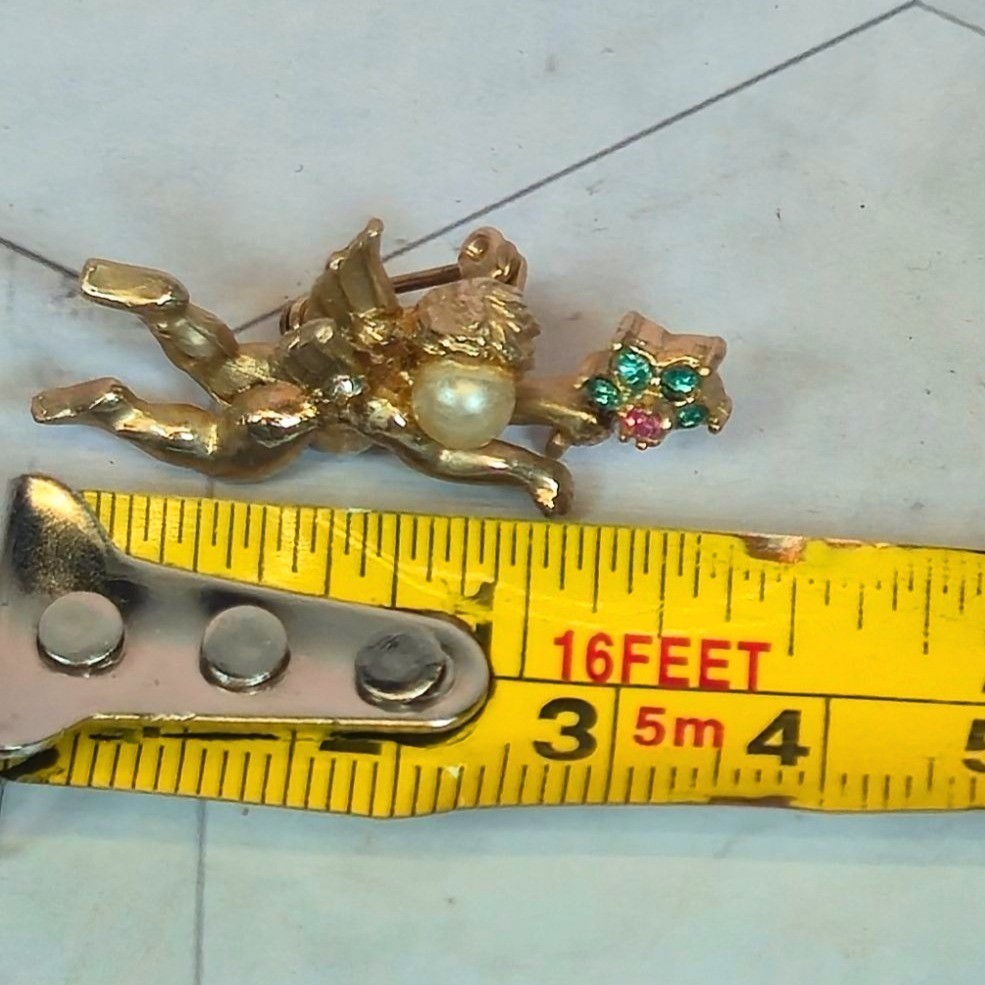 Vintage Coro Angel Brooch Gold Tone glass Rhinestone Flower cherub Mini pin