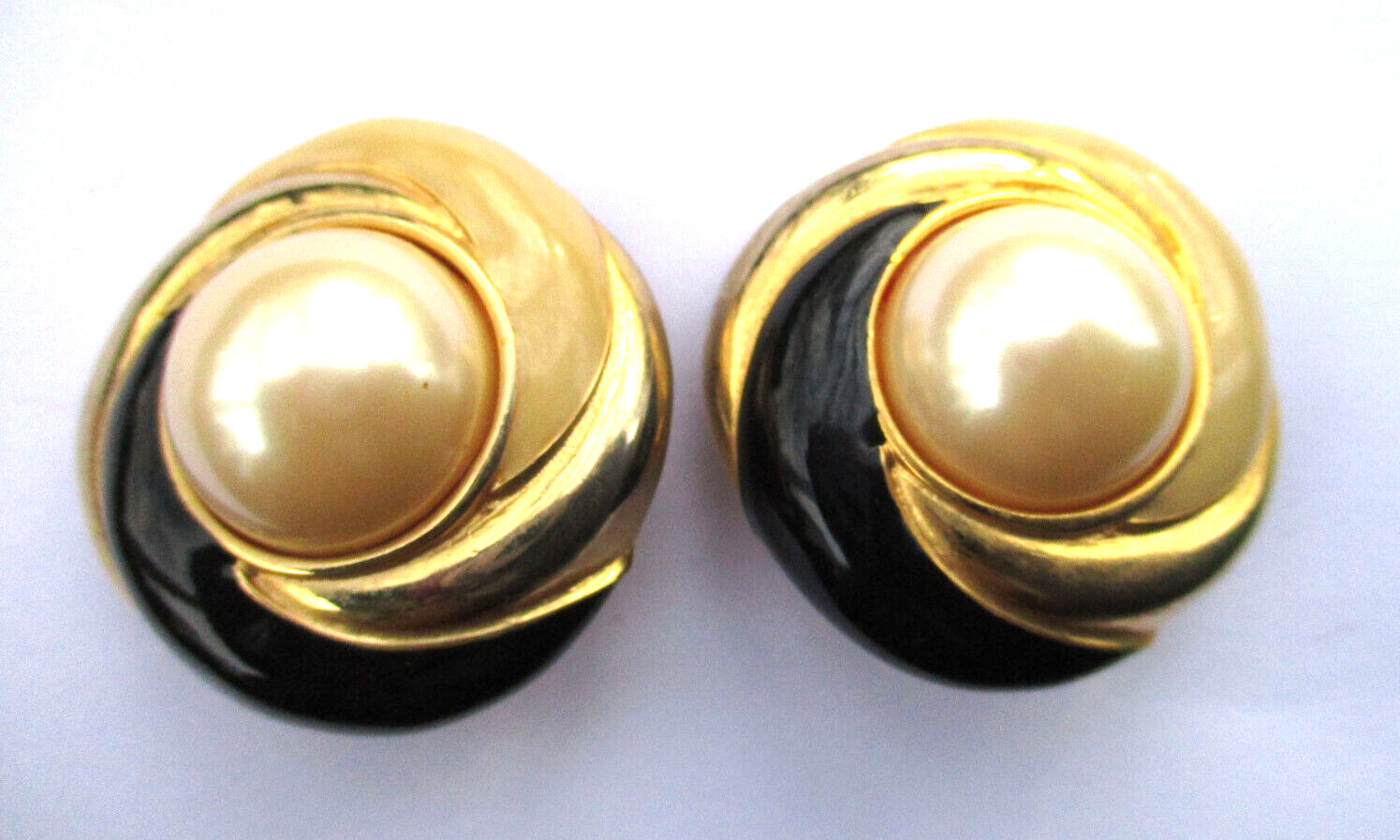 Gay Boyer Clip On Earrings Cabochon Faux Pearl Metallic and Enamel Swirl Vintage