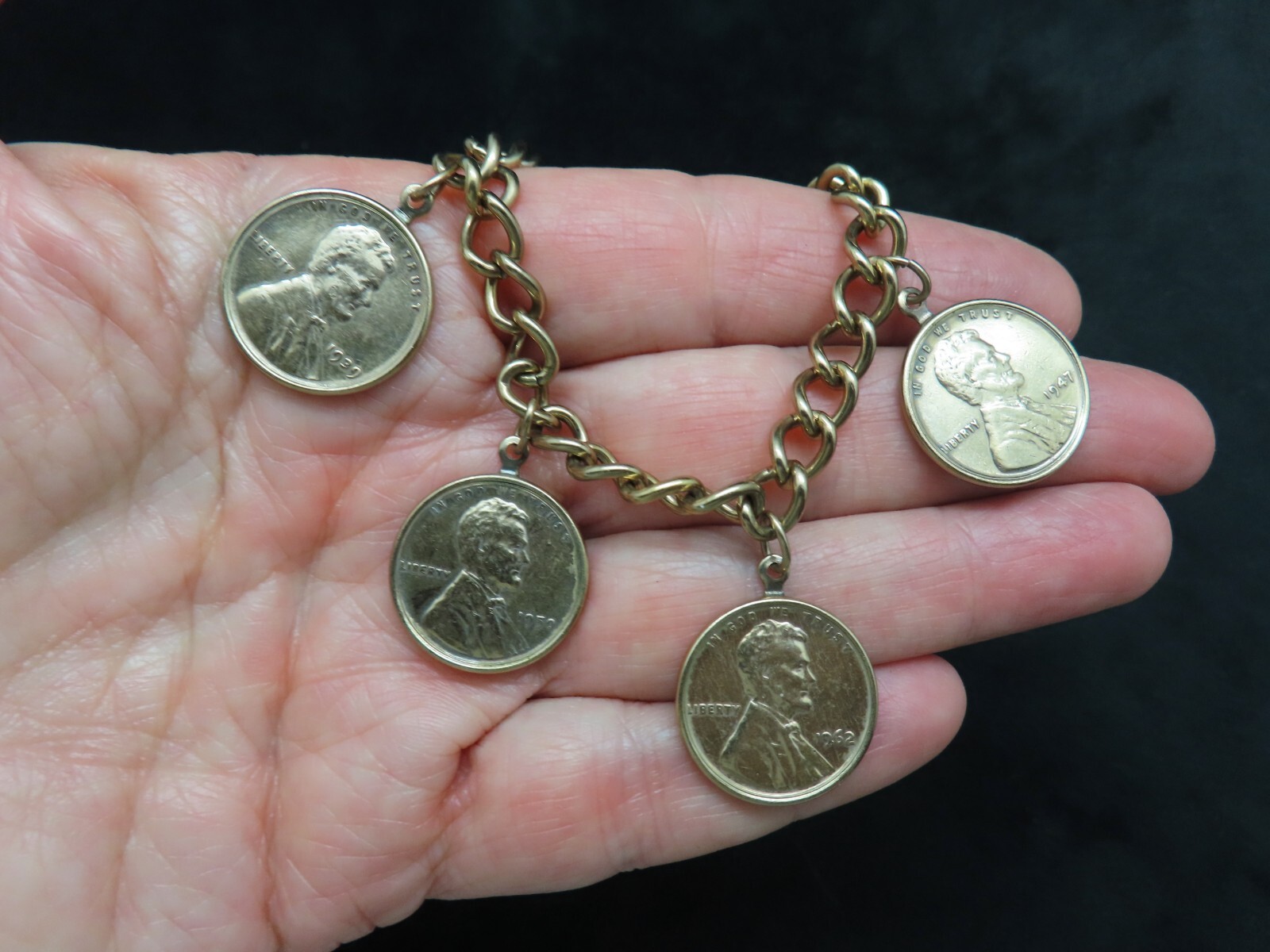 Vintage 1960’s Gold Tone Charm Bracelet w/1950’s-60’s Gold Tone Finish Pennies