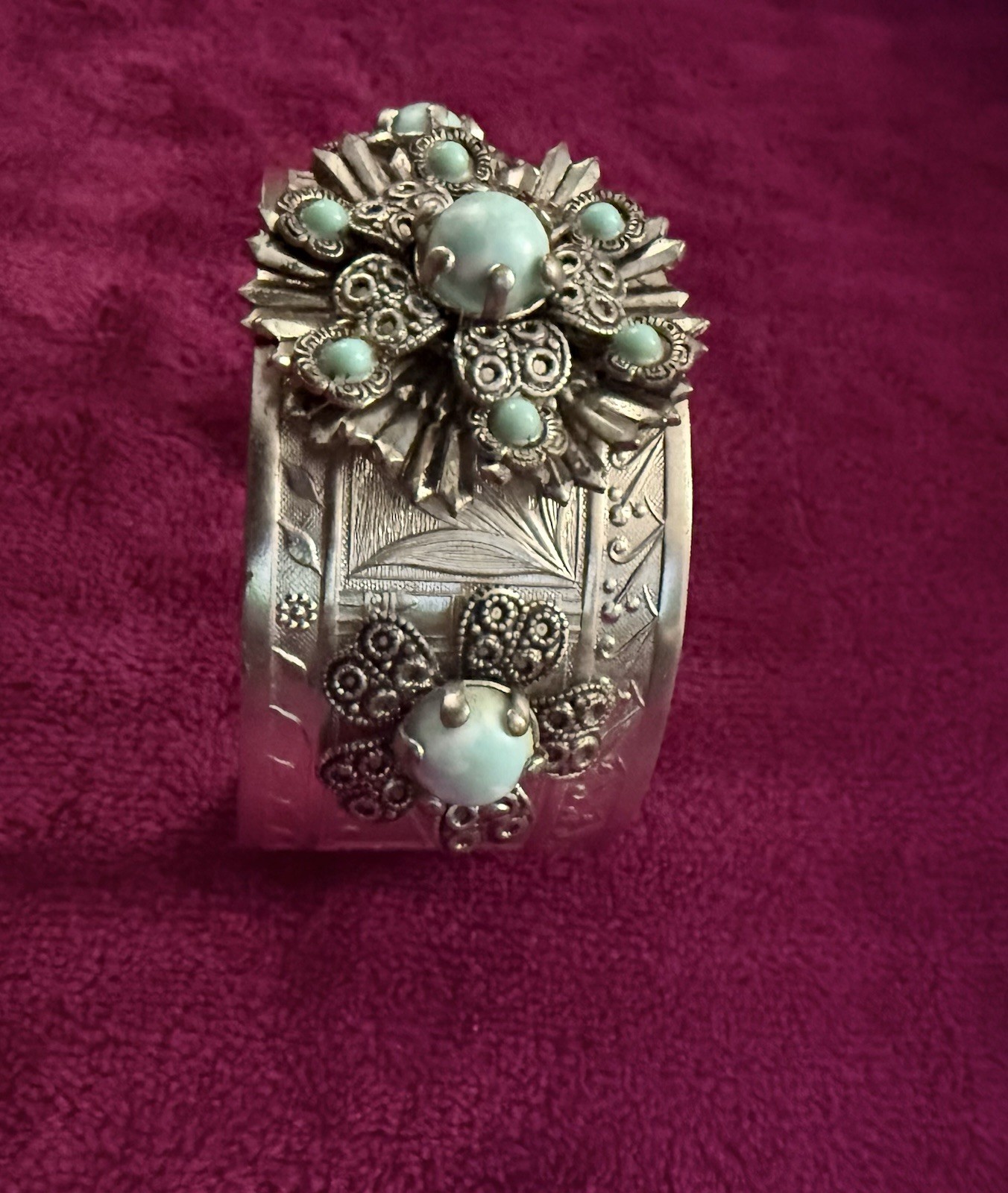 VTG Silver Tone Floral Cluster Turquoise Bracelet Southwestern ~ Beautiful