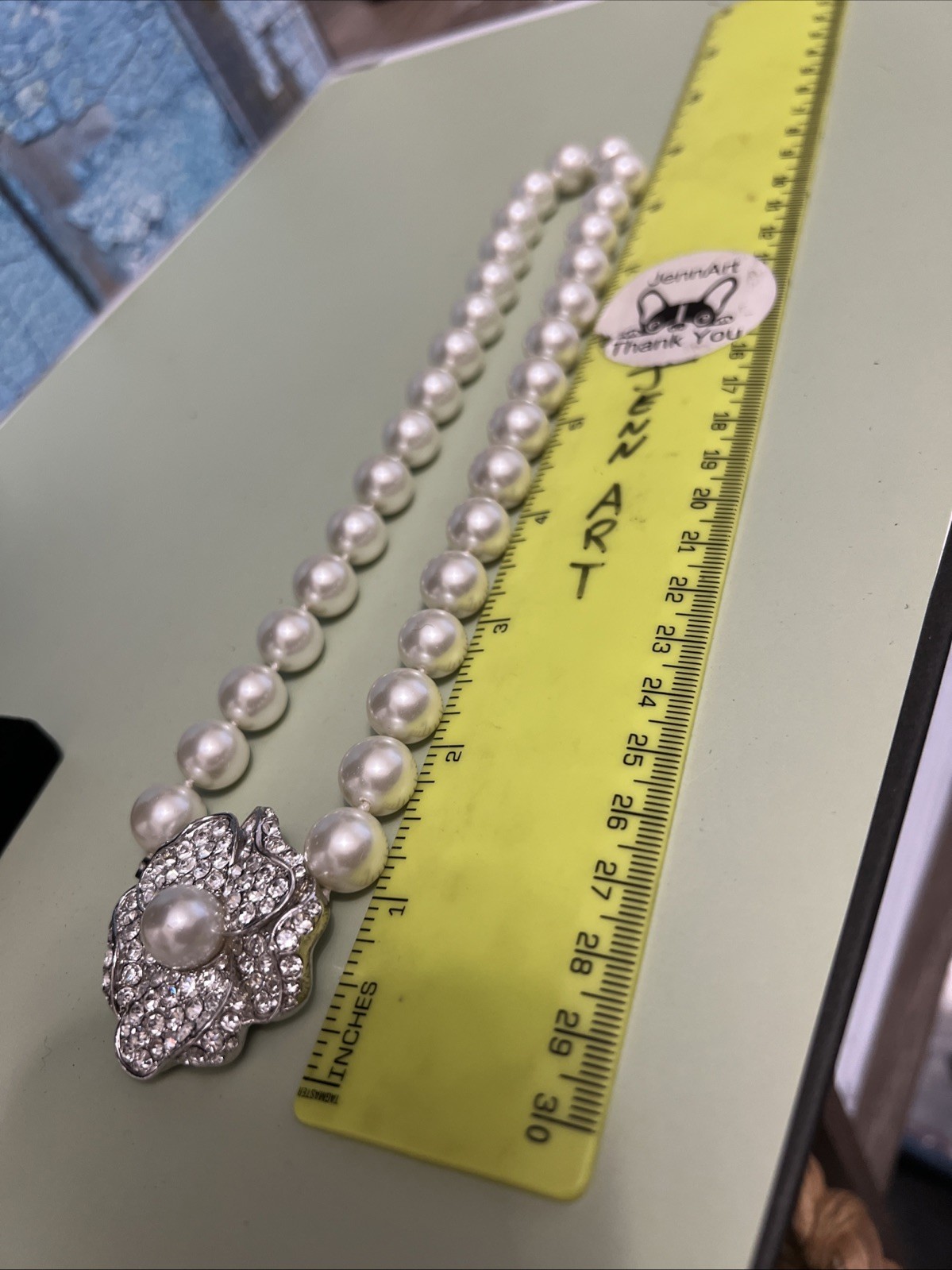 Vintage Signed KJL Large Pearl Necklace Choker With Rhinestone Flower Rose Clasp