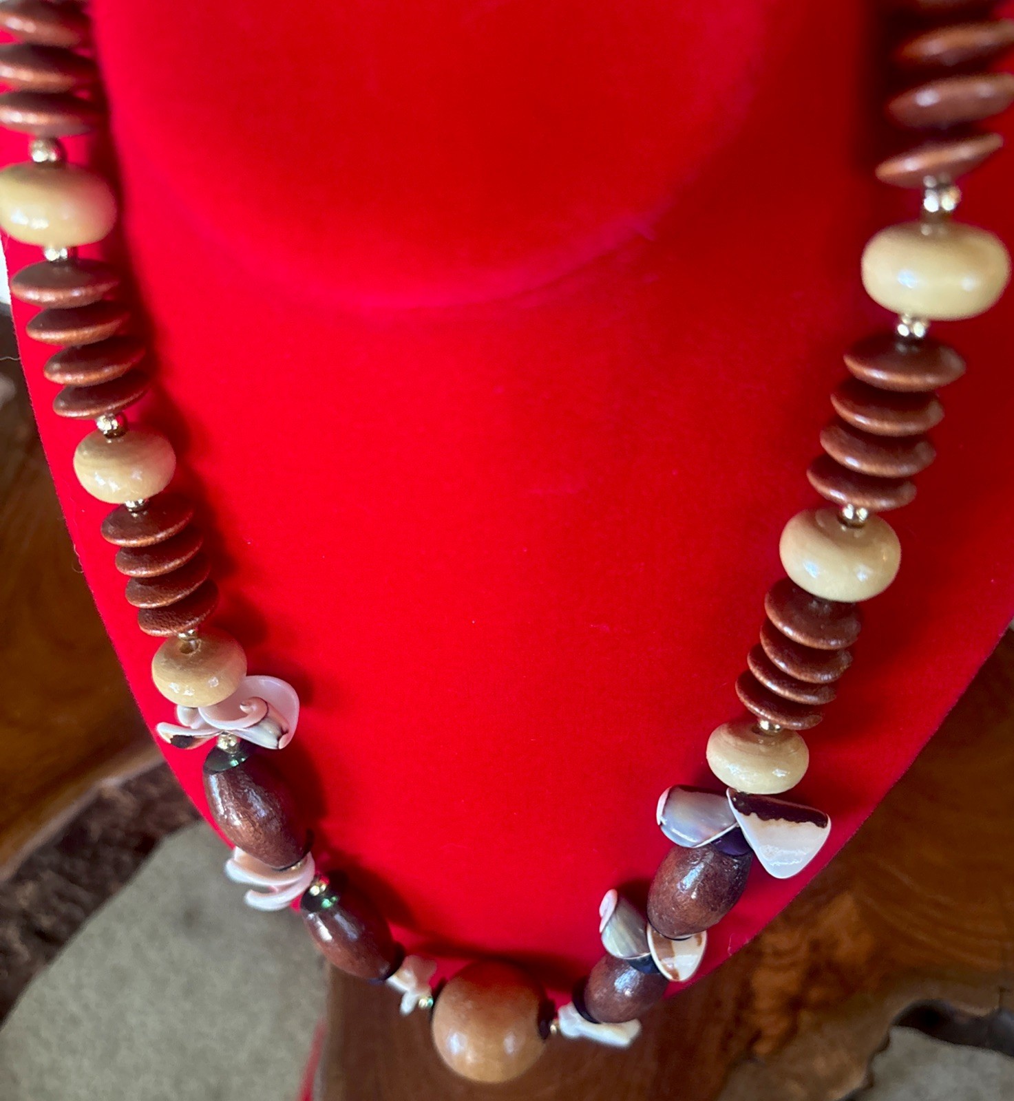 Vintage Unique Handmade Wooden & Shell Beaded Statement Necklace