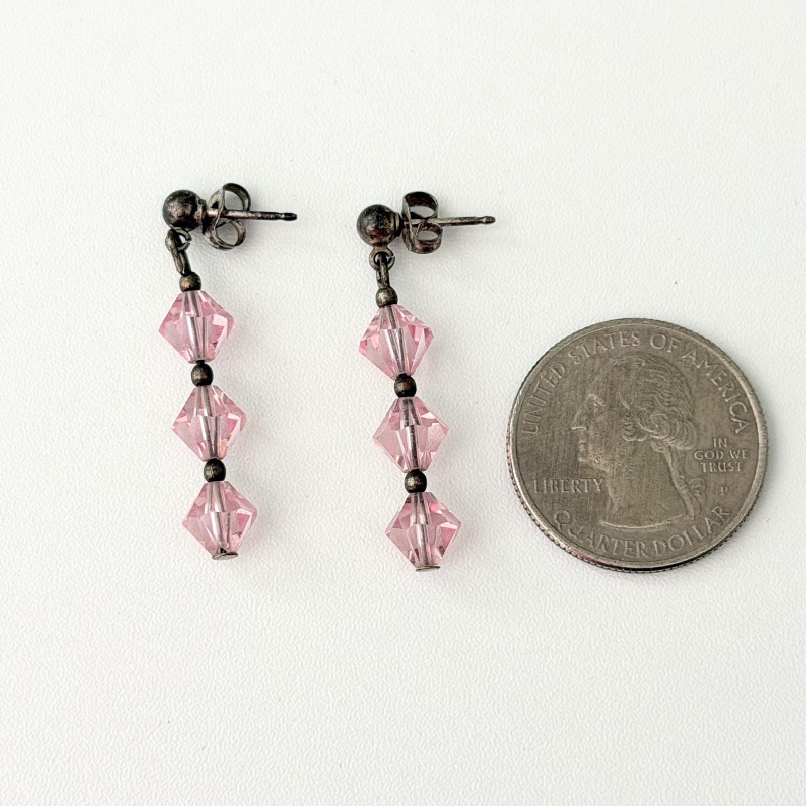Vintage 925 Sterling Silver Pink Crystal 3 Stone Dangle Earrings
