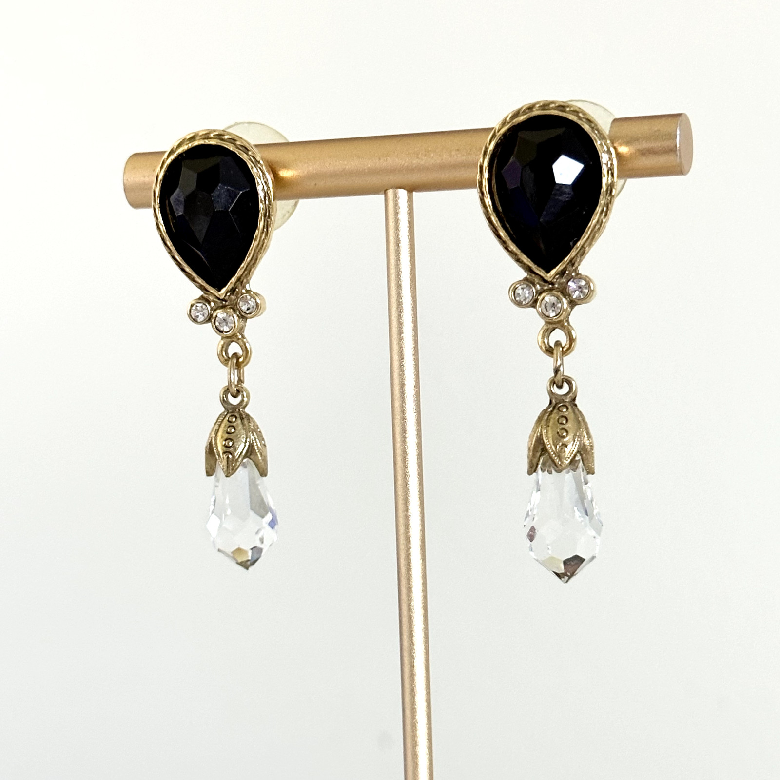 Vintage Clear Faceted Crystal Black Acrylic Stone Gold Tone Dangle Earrings