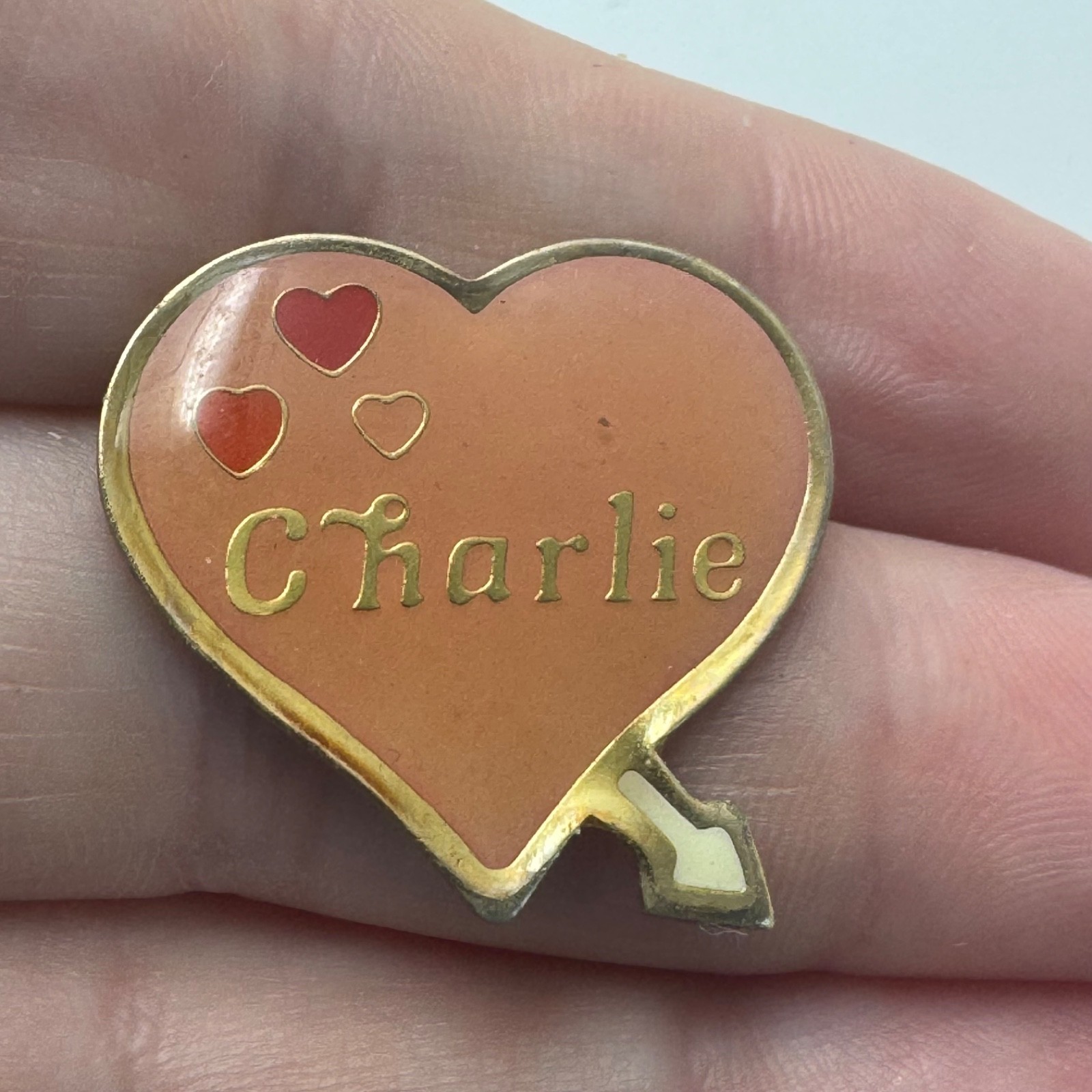 Charlie Heart Name Enamel Lapel Pin Peach Gold Tone Personalized Vintage