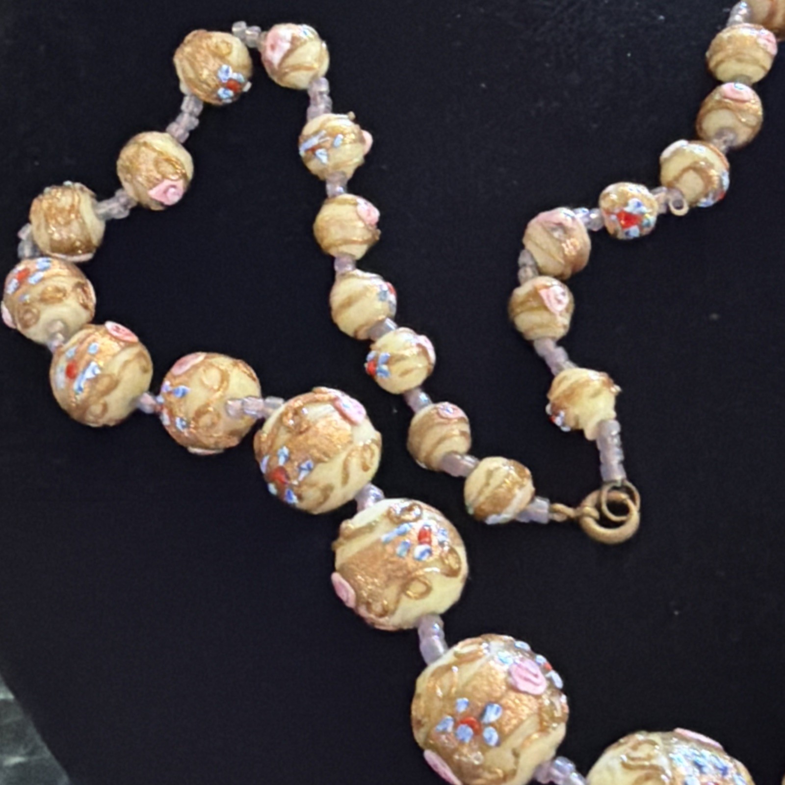 Vintage Murano Venetian Art Glass Necklace, Wedding Cake beads Ivory Gold Pink!