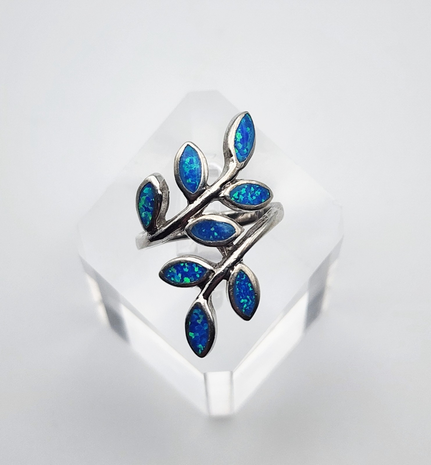 SI Sterling Silver Blue Fire Opal Inlay Branch & Leaf Bypass Ring Size 6.75