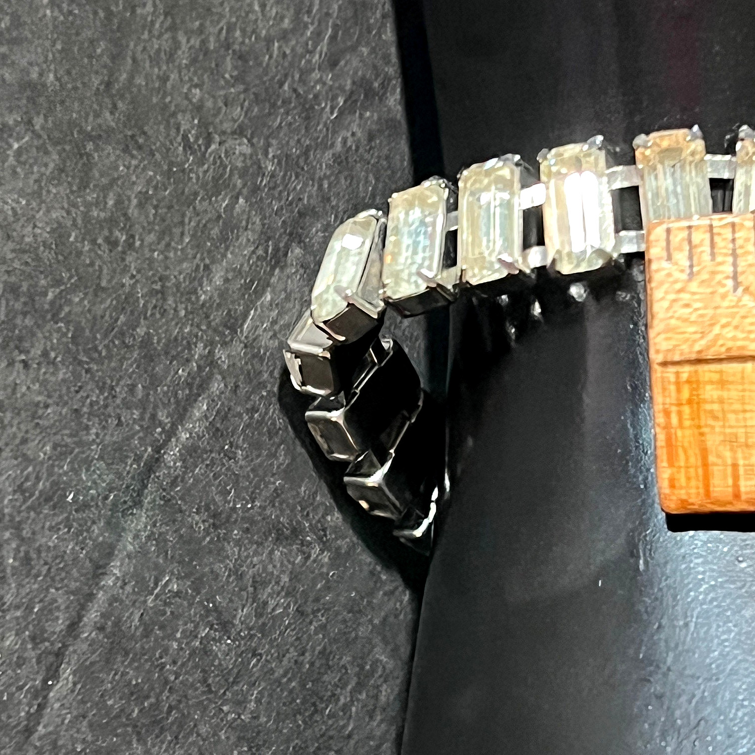 Vtg Wide Rhinestone Tennis Bracelet Box Clasp Safety Chain Octagon Cut Stones