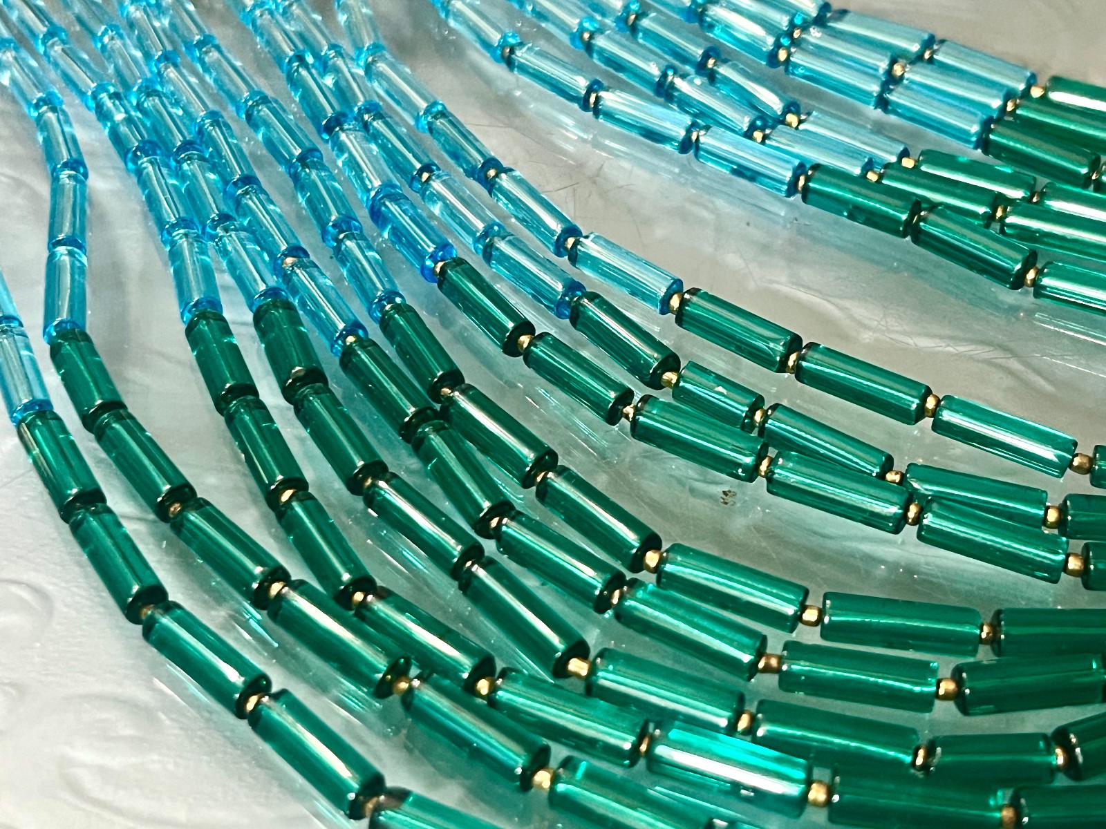 Huge 44″ Blue & Green Glass & Clay Bead 15 Strand Statement Necklace
