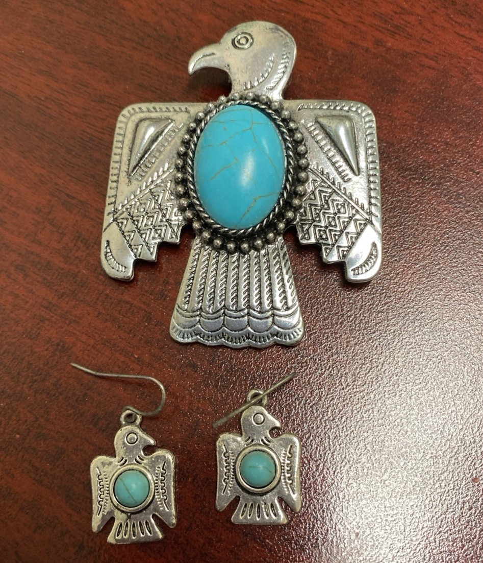 Silver Tone Southwest Style Thunderbird Pendant/Brooch Earrings Faux Turquoise