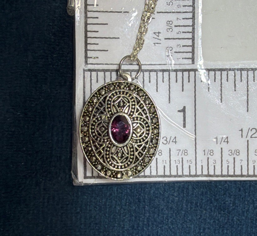 Vintage Ornate Oval Locket Necklace 18” Chain Center Purple Stone Silver Tone 1″