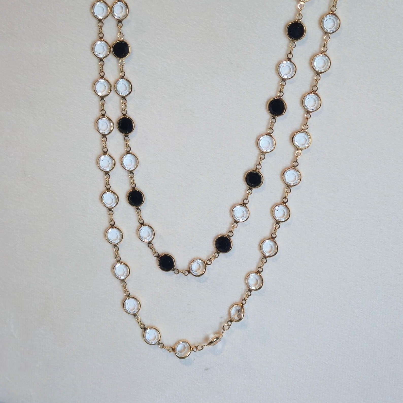 Vintage Swarovski Crystal Necklace Black & Clear Signed Gold Tone double strand