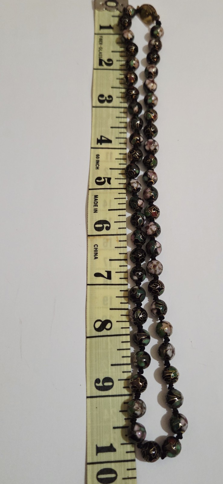 Vintage Chinese Cloisonne Floral Bead Hand Knotted Fish Hook Clasp Necklace