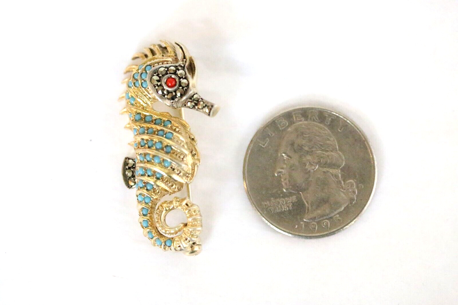 800 Silver Turquoise Marcasite Coral Seahorse Brooch Vintage