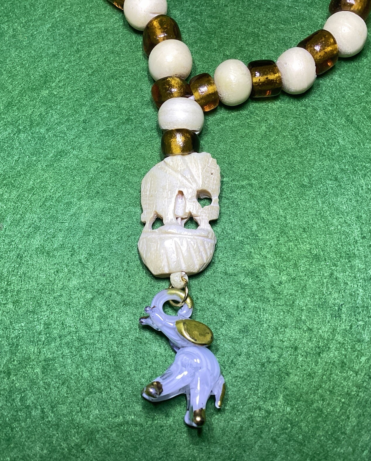 Vintage Elephant Theme Carved Bovine Bone & Amber Glass Beads 27” Necklace