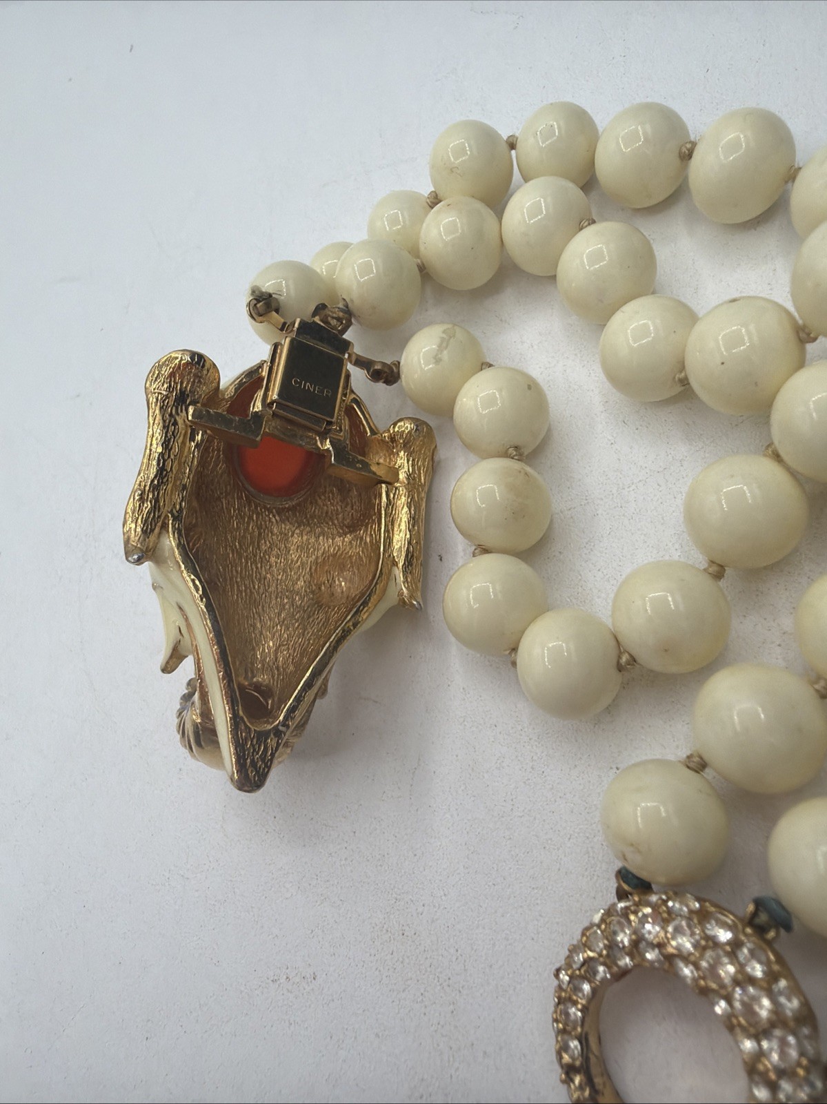Vintage Ciner Elephant Bracelet Ivory Beads Red Cabochon Gold Tone Rhinestone