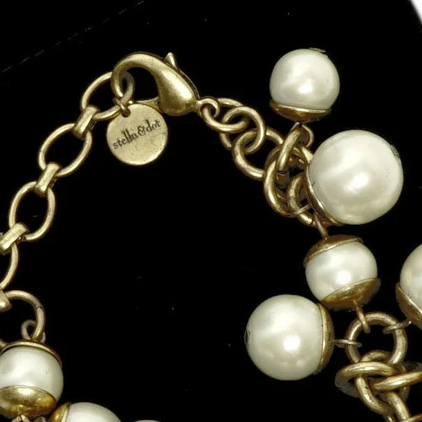 STELLA & DOT DAPHNE FAUX PEARL BEAD CHA CHA 9.5″ BRACELET MCM GOLD CHAIN LINK EU