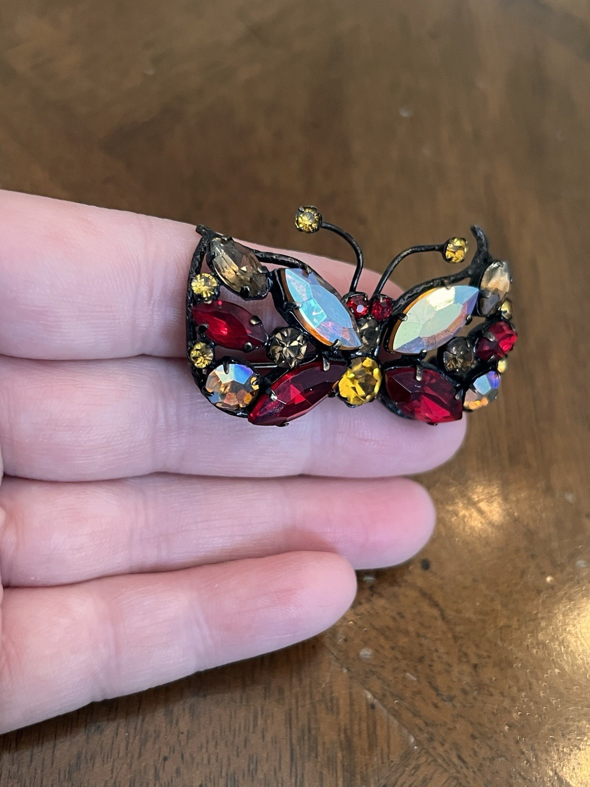 Vintage Mid-Century Red & Yellow & AB Rhinestone Butterfly Brooch Japanned Metal