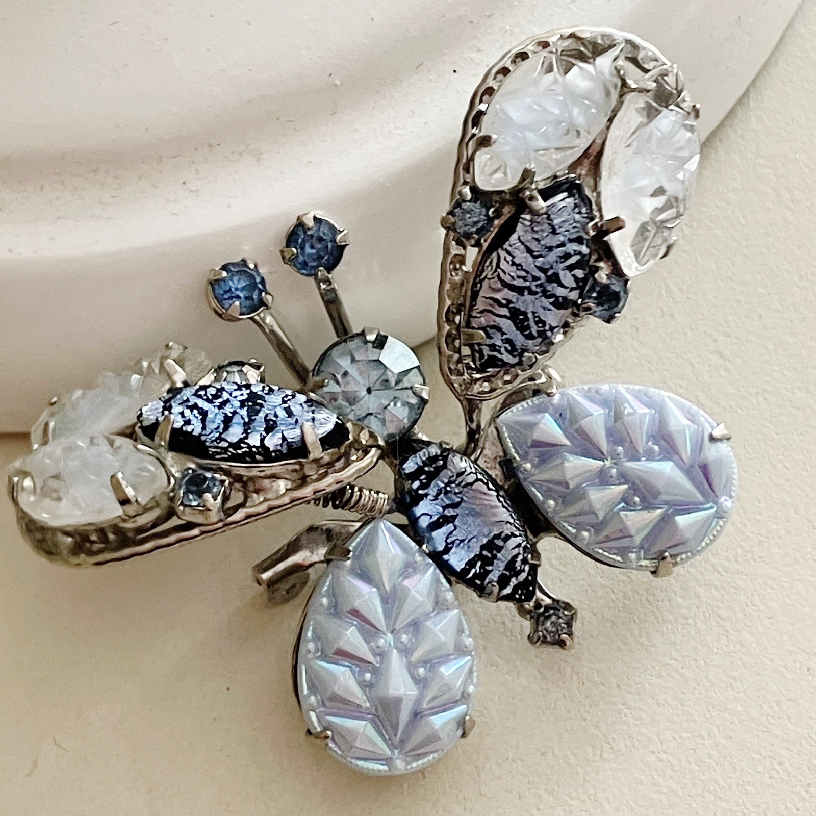 Vintage Butterfly Trembler Brooch Silver Filigree Foil Glass Stones Molded Art