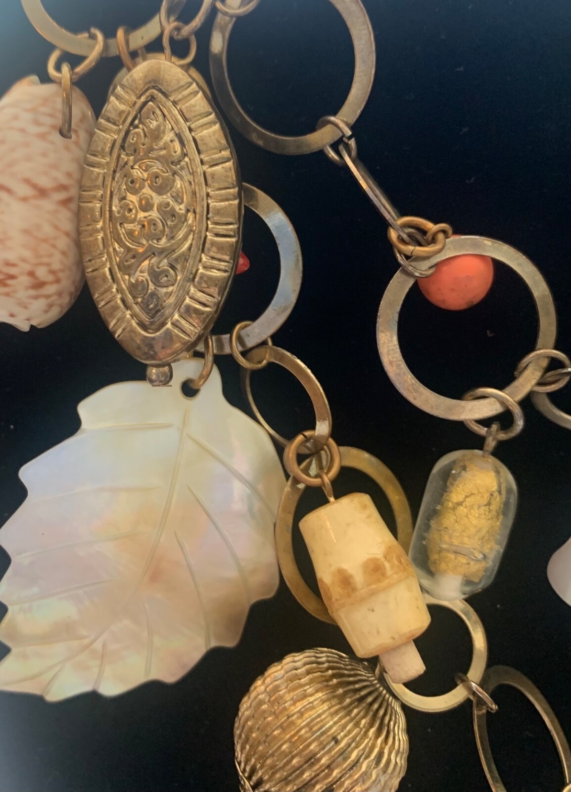 Vintage Metal Link Necklace with Glass and metal Charms stone, faux coin & shell