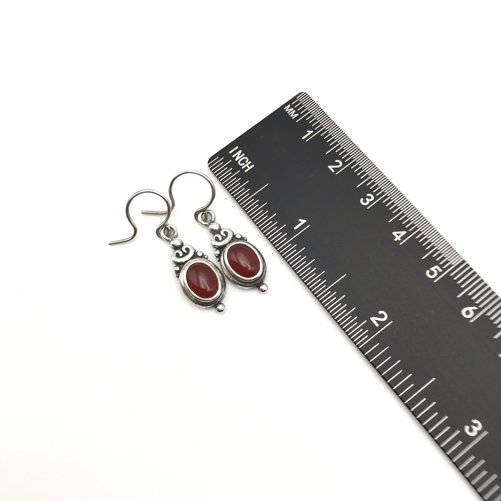Vintage Sterling Silver Oval Red Orange Stone Hook Dangle Earrings 3.9g #65