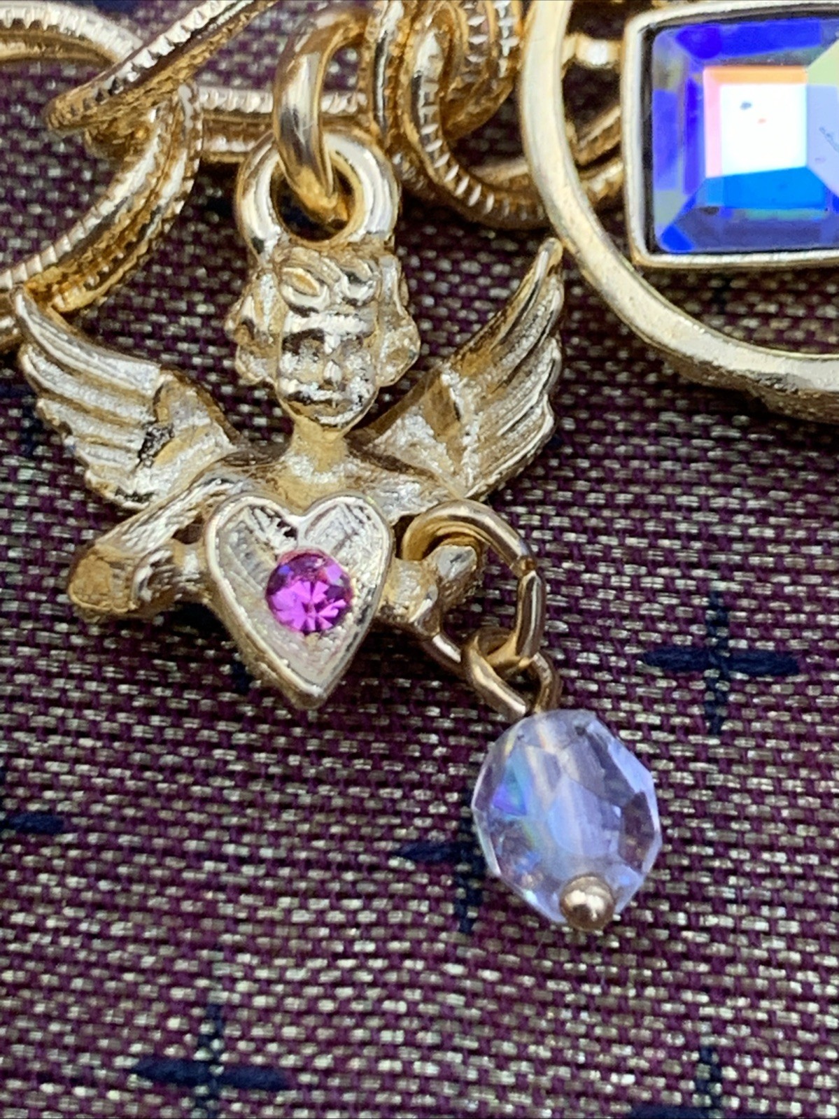 Kirks Folly Gold Tone Charm Bracelet Cupid Hearts Rings Crystals Angel