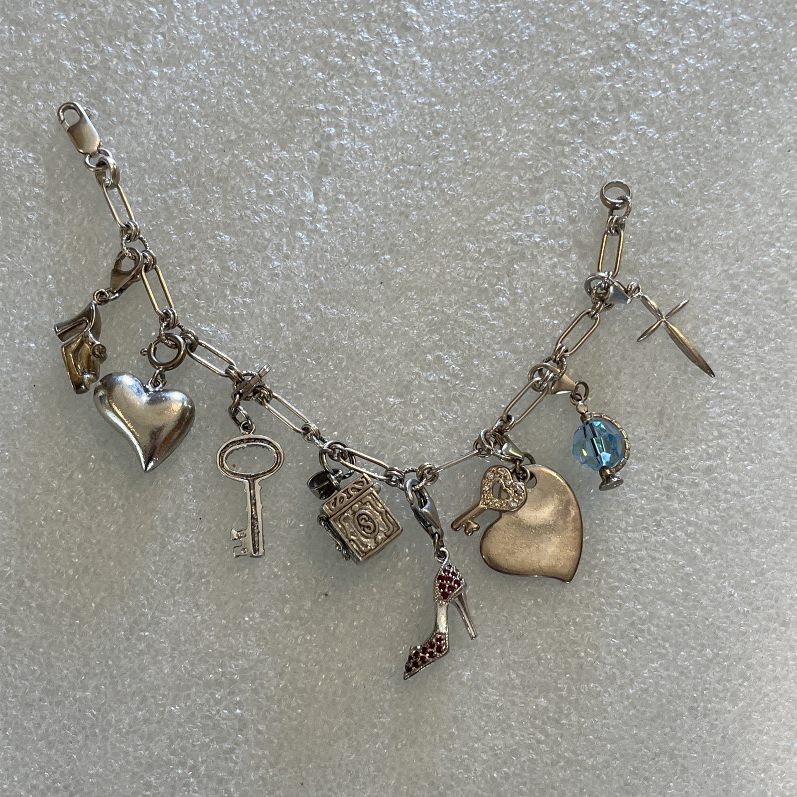 Sterling Silver Charm Bracelet 8 Charms Heart Key Cross Shoes Prayer Box