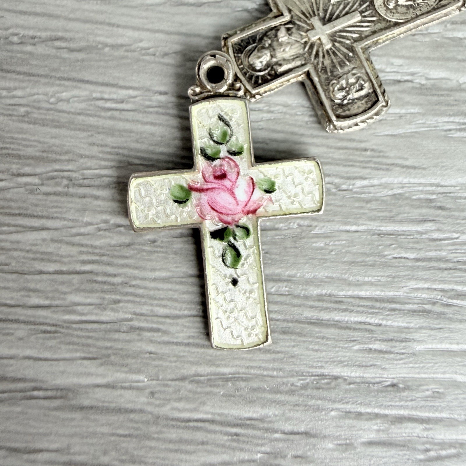 Vintage Possibly Antique Silver Guilloche Slider Rose Cross Necklace Pendant
