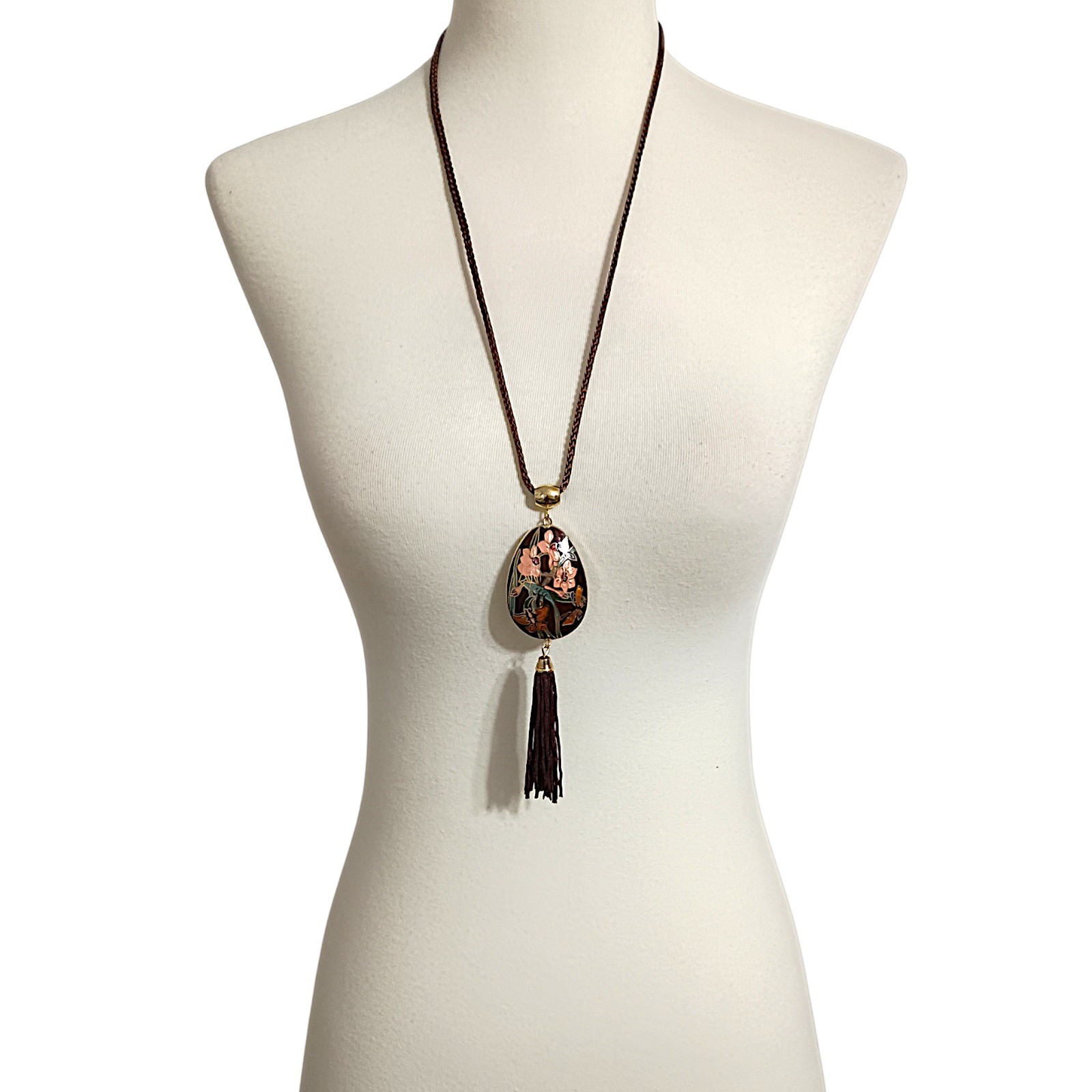 Vtg Butterfly Cloisonne Necklace 70s Pendant Tassel Woven Cord Brown Dual Sided