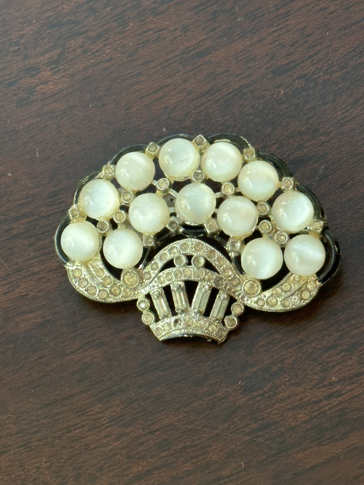 Vintage New England Glass Works Basket of Moonstone Flowers Art Deco Brooch Pin