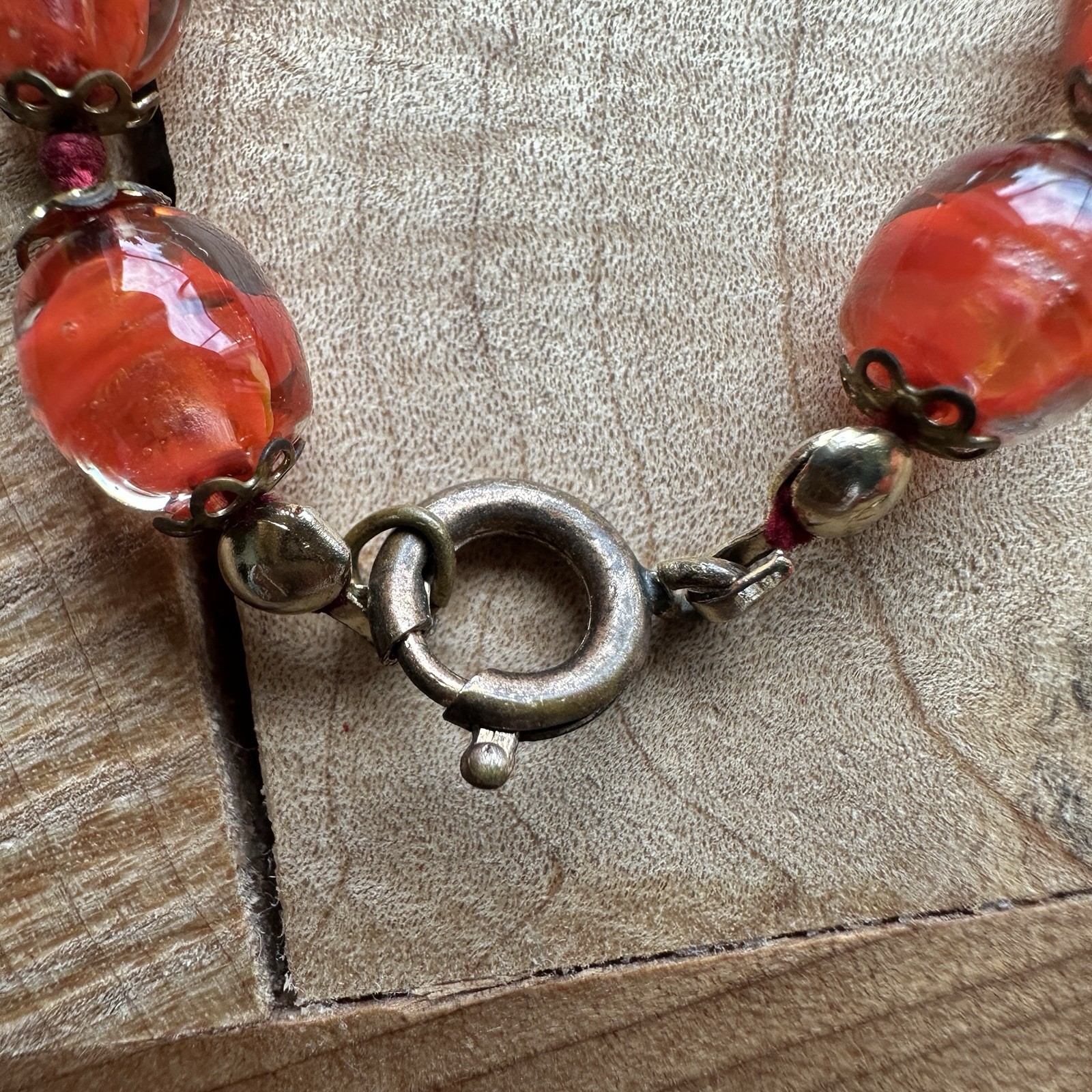 Vintage Beaded Necklace 17.5 in Venetian Murano Art Glass Cased Red Orange Gold