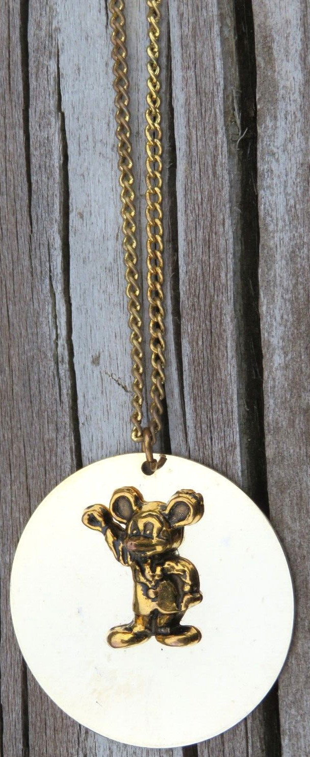 Vintage Walt Disney Micky Mouse Mirror Disc Pendant Charm Necklace Chain