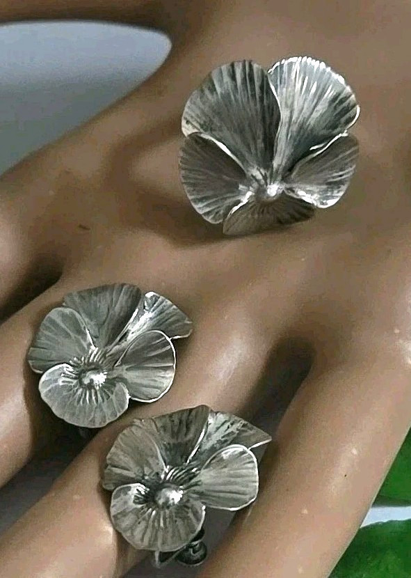 Vintage Sterling Silver Stuart Nye Pansy Screw Back Earrings and Ring Set